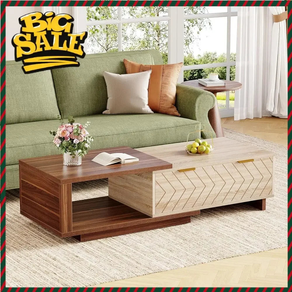 Expandable Wooden Coffee Table With 2 Drawers Rectangular Center Table