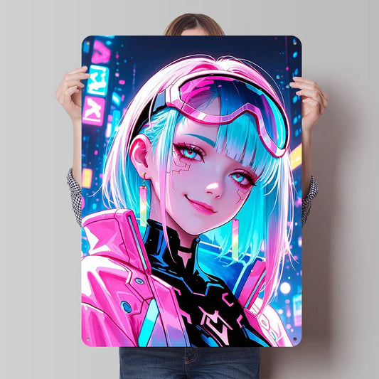 Cyberpunk Neon Girl Wall Art Metal Tin Sign