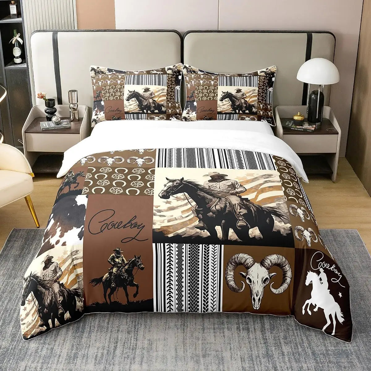 NONECN Western Cowboy Print Duvet Cover Set Bedding