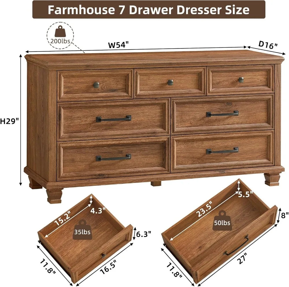 Farmhouse Style Brown Wood 7 Drawer Dresser