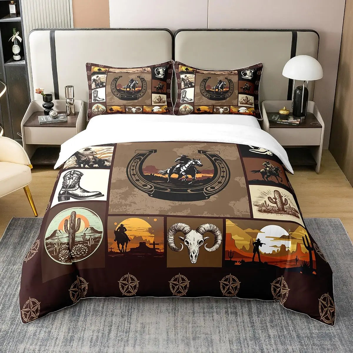 NONECN Western Cowboy Print Duvet Cover Set Bedding
