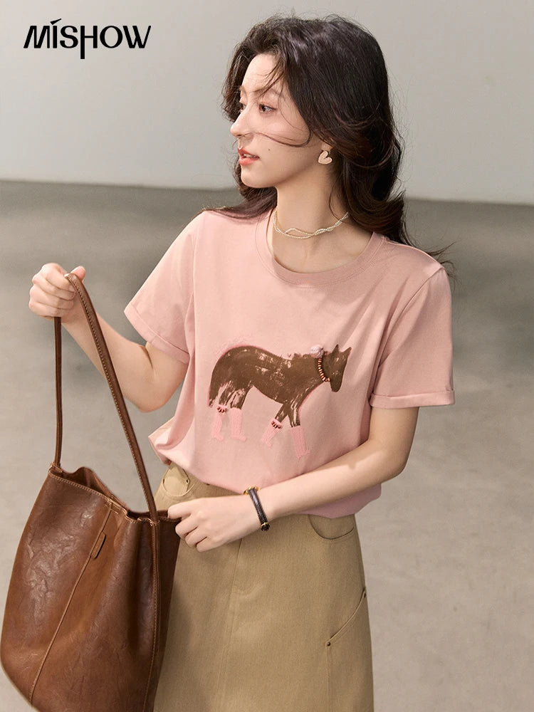 MISHOW Womens Horse Print Beaded Embroidery Cotton Crew Neck Tee