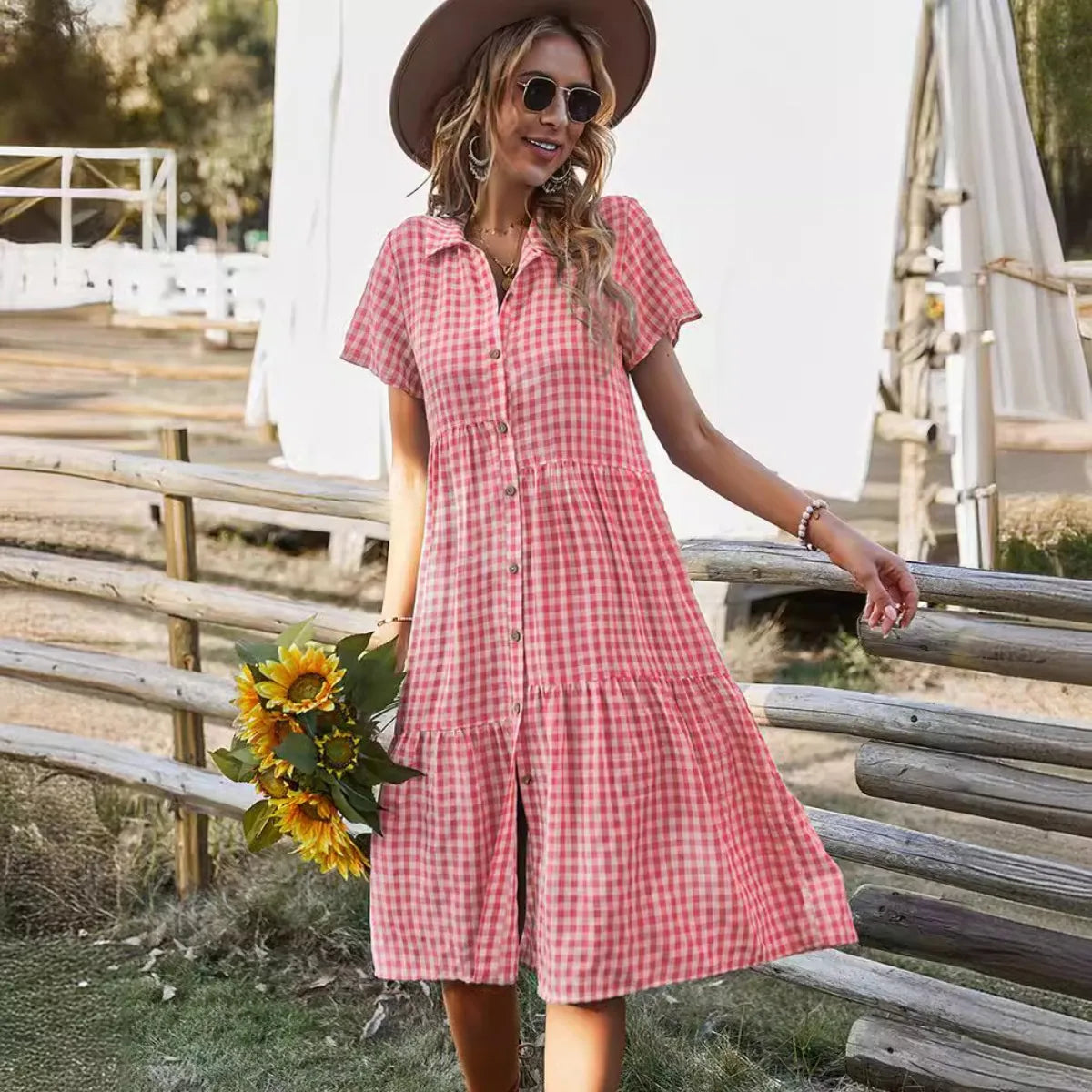 Cakulo Womens Checkered Shirtdress Short Sleeve Button Down Casual