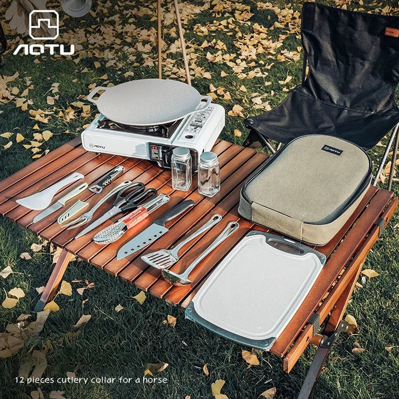 Outdoor Camping Kitchen Utensils 12 Piece Stainless Steel Tool Set With Bag