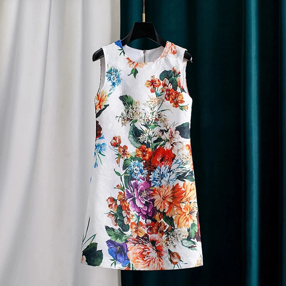 ZJYTCN Floral Print Jacquard Tank Dress With Beading Women