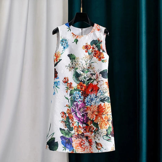 ZJYTCN Floral Print Jacquard Tank Dress With Beading Women