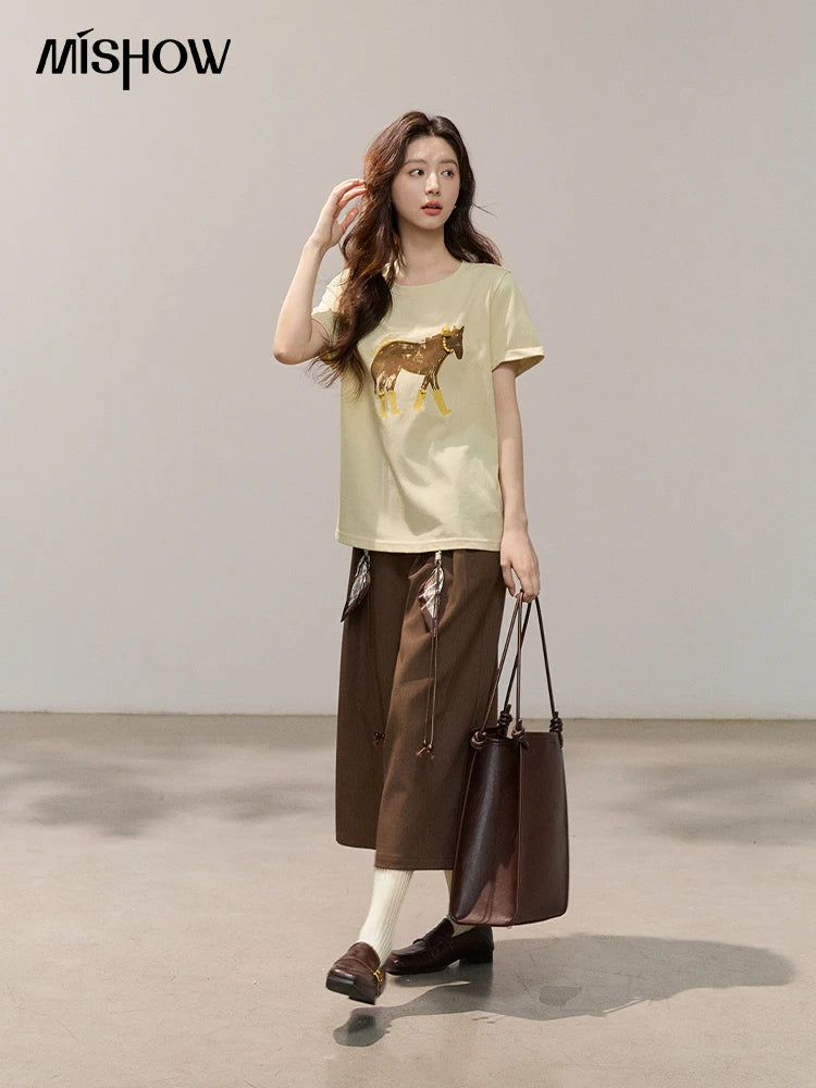 MISHOW Womens Horse Print Beaded Embroidery Cotton Crew Neck Tee