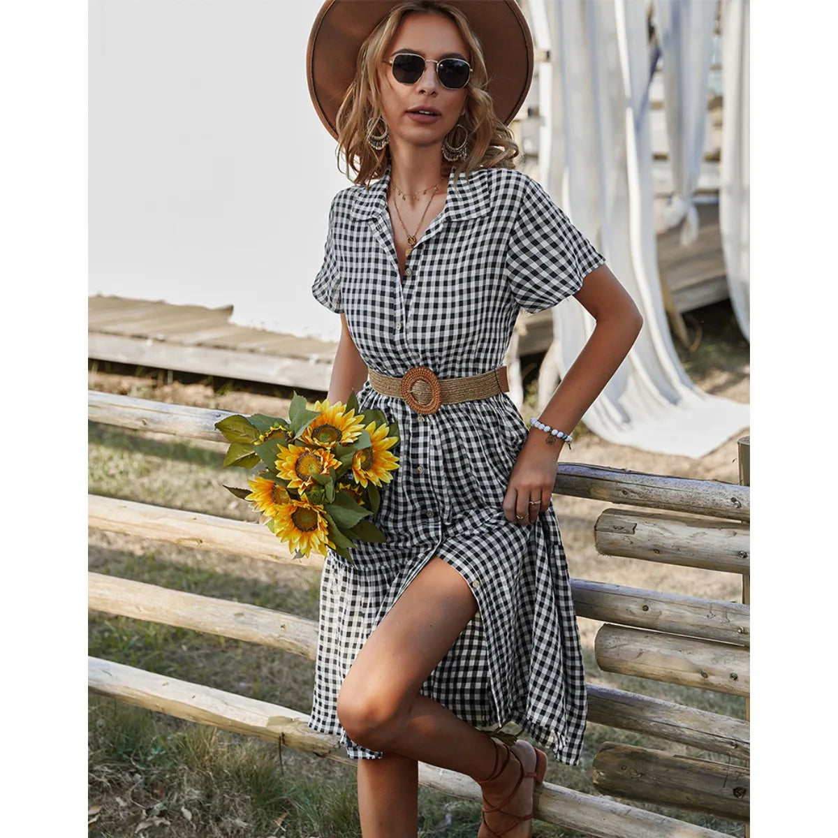 Cakulo Womens Checkered Shirtdress Short Sleeve Button Down Casual