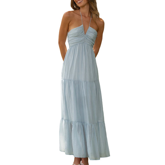 ThefoundCN Women A Line Halter Neck Backless Sleeveless Dress Tie Up Beach