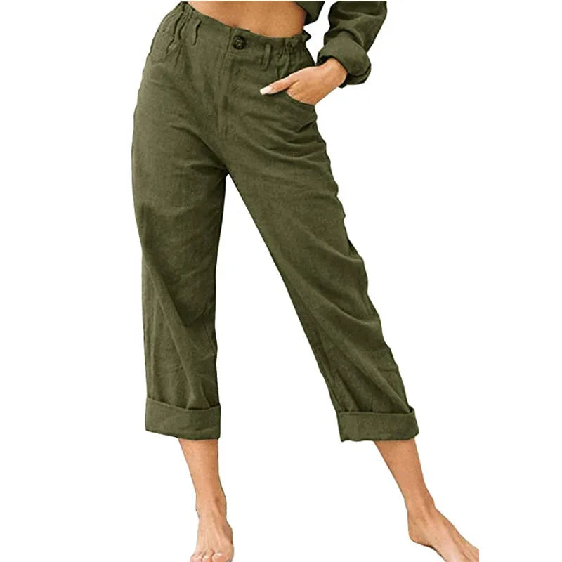 Guangdong Choice Cotton Linen Cropped Pants For Women, Casual Straight