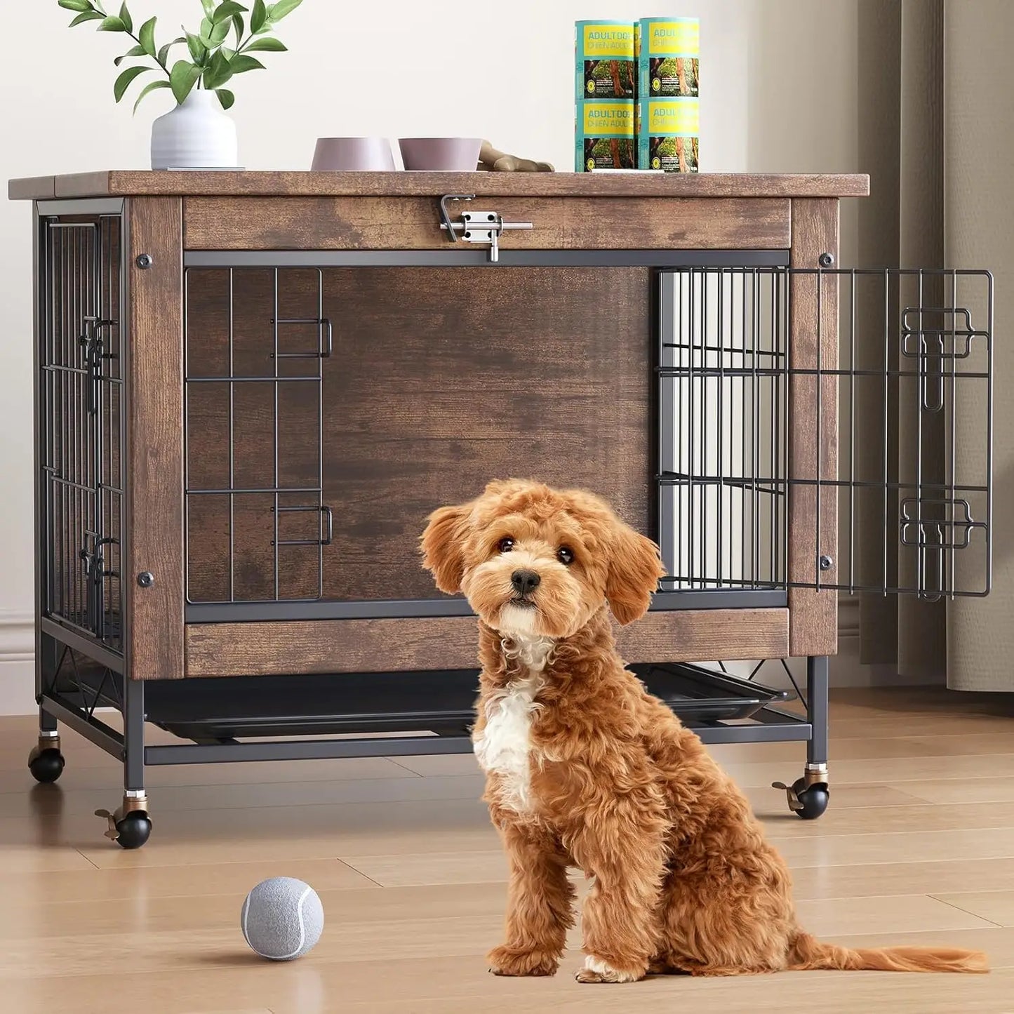 HiMISS Modern Wood Metal Dog Crate Furniture With Wheels
