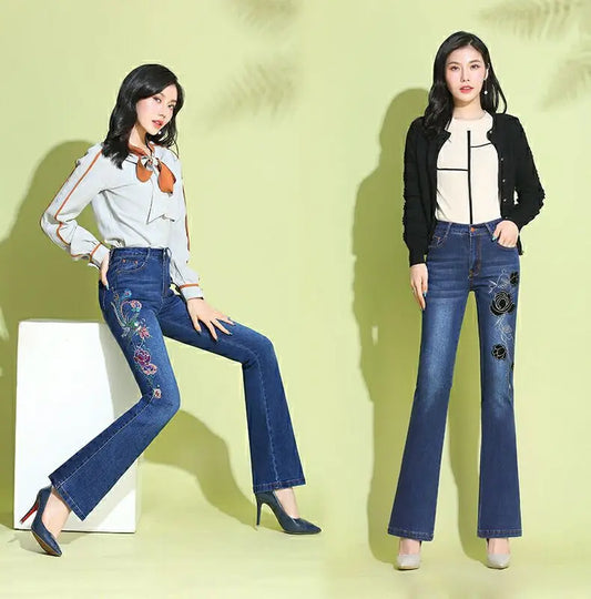 VWBQNZ Women's High Waisted Embroidered Flared Denim Jeans