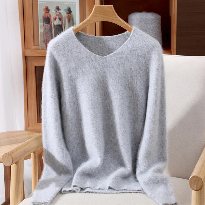 Mink Cashmere Women's V-Neck Knit Pullover Sweater
