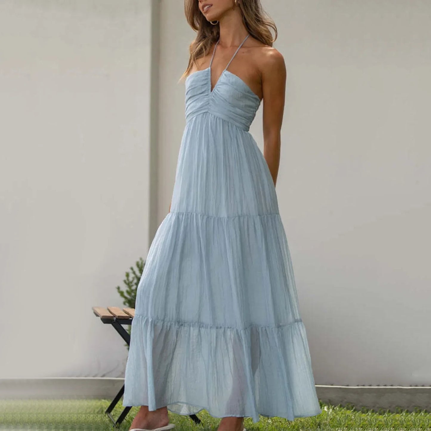 Women Summer Maxi Dress Spaghetti Strap V Neck Sleeveless Floor Length Vacation