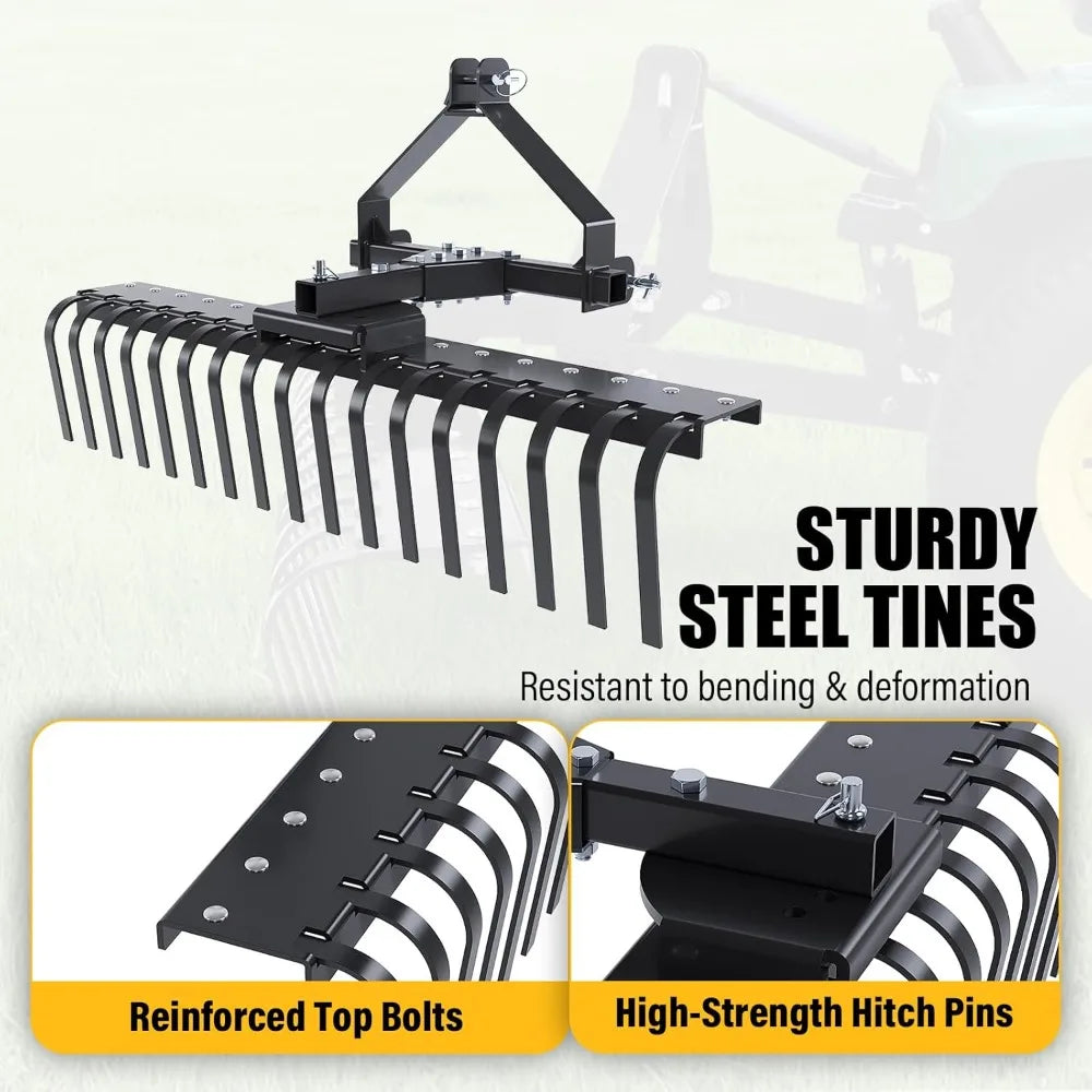Landscape Rake Compatible with Category-0Tractor 3 Point & 5-Position Angle Adjustment for Garden