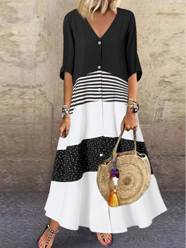 Inpetal Block Printed Short Sleeve V Neck Button Dress Summer Retro