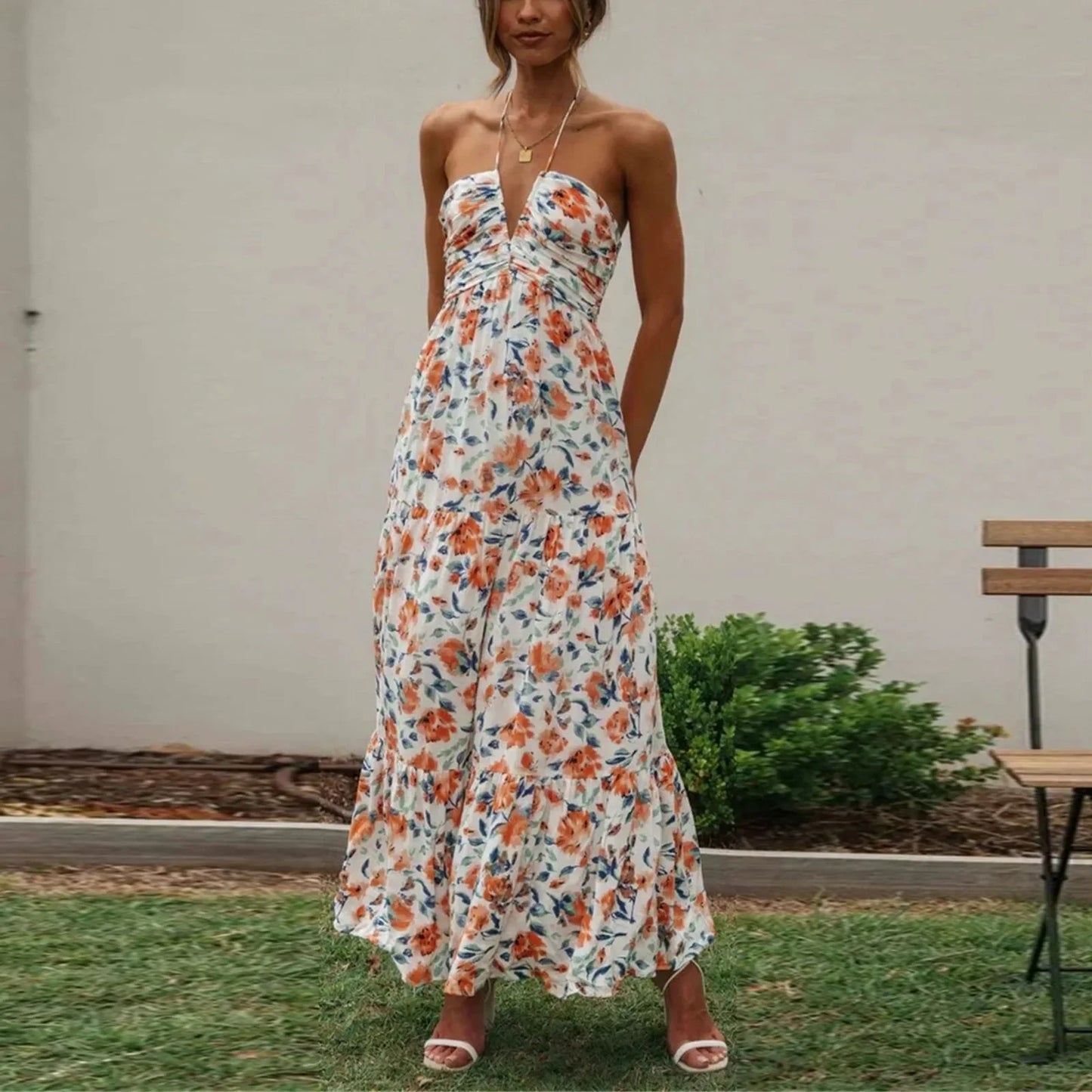 Summer Holiday Maxi Dress Women Spaghetti Strap V Neck