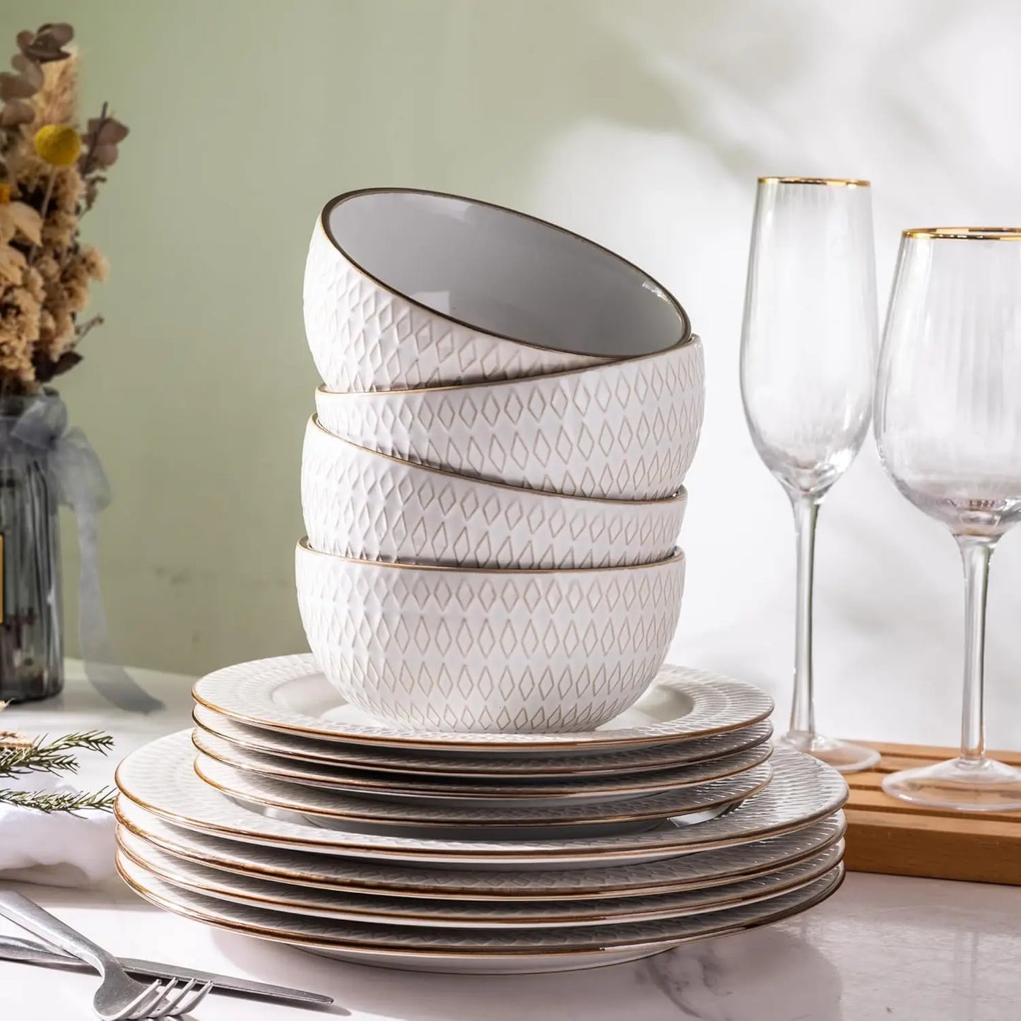 Ceramic Dinnerware Sets 12 Piece Embossed Stoneware Plates and Bowls