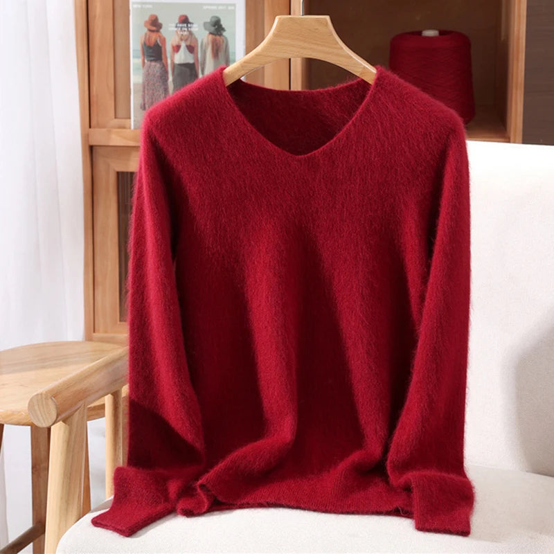 Mink Cashmere Women's V-Neck Knit Pullover Sweater