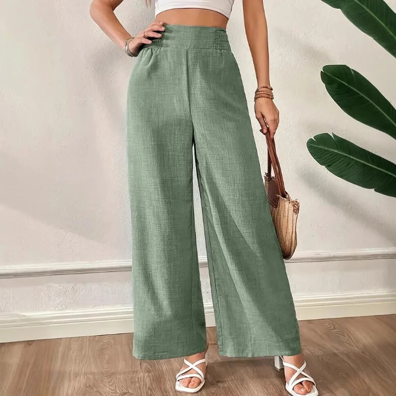 Womens Linen Blend High Waist Wide Leg Pants Smocked Waist
