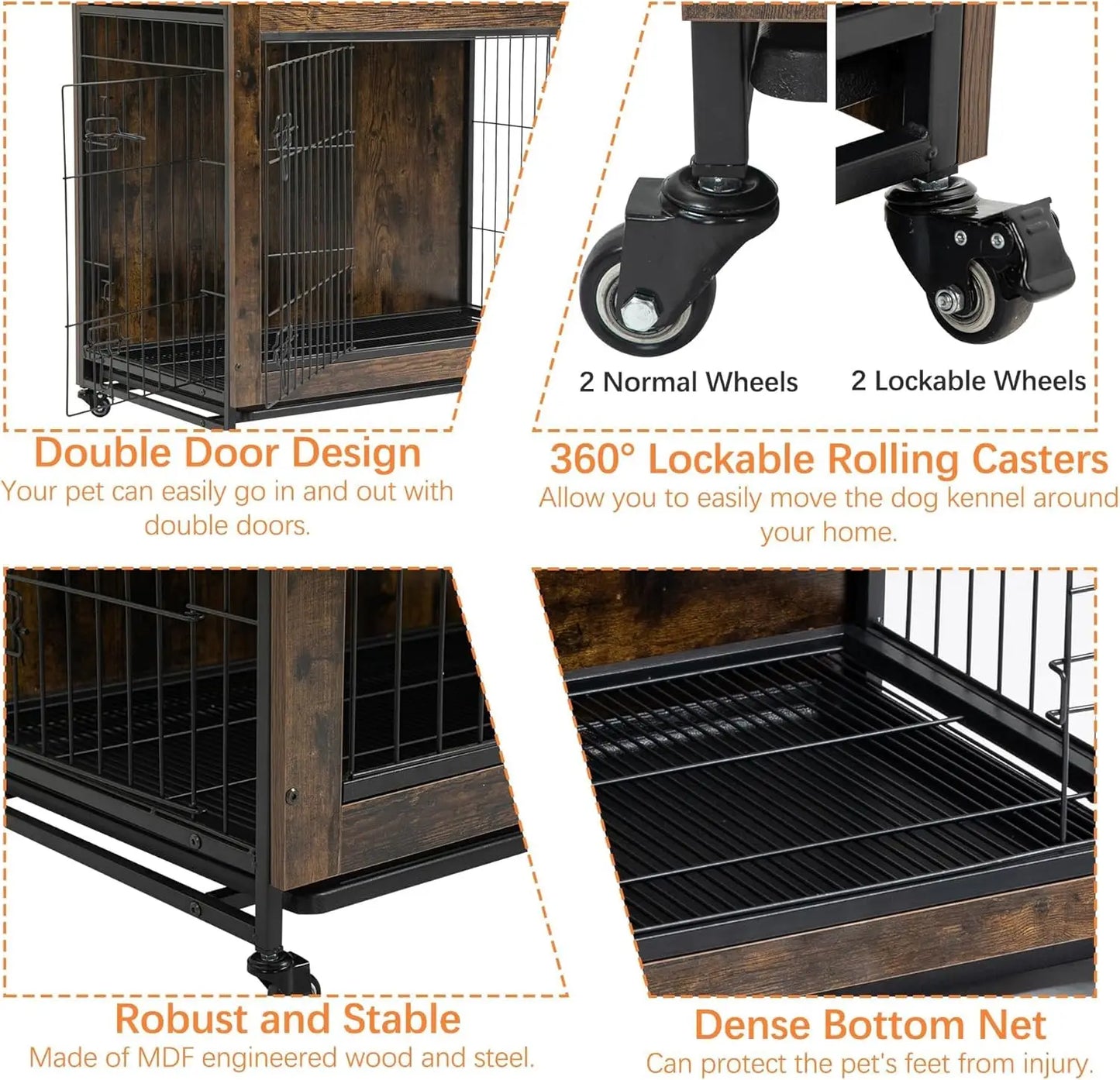 HiMISS Modern Wood Metal Dog Crate Furniture With Wheels