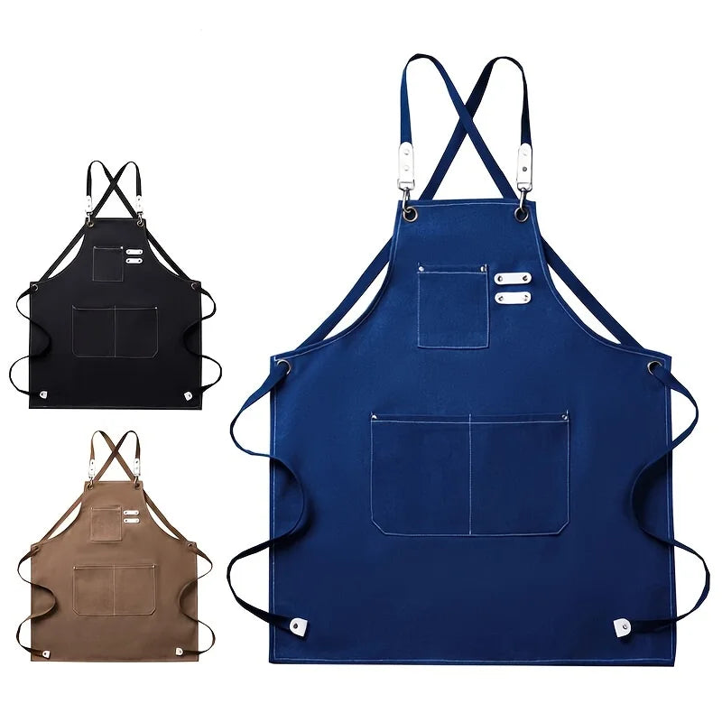 Thickened Waterproof Canvas Apron With Pockets Crossback Adjustable