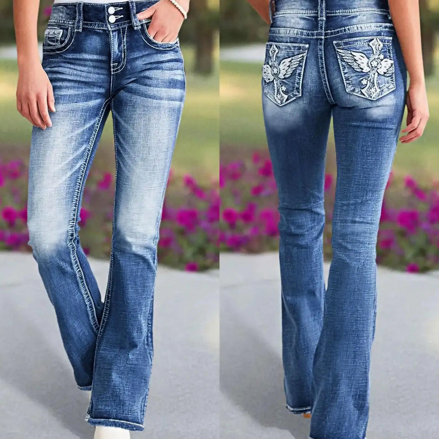 Women's High Waist Embroidered Flared Slimming Cotton Jeans