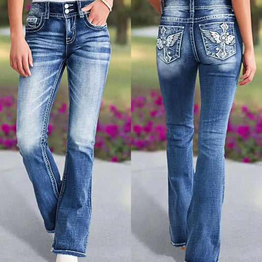 Women's High Waist Embroidered Flared Slimming Cotton Jeans
