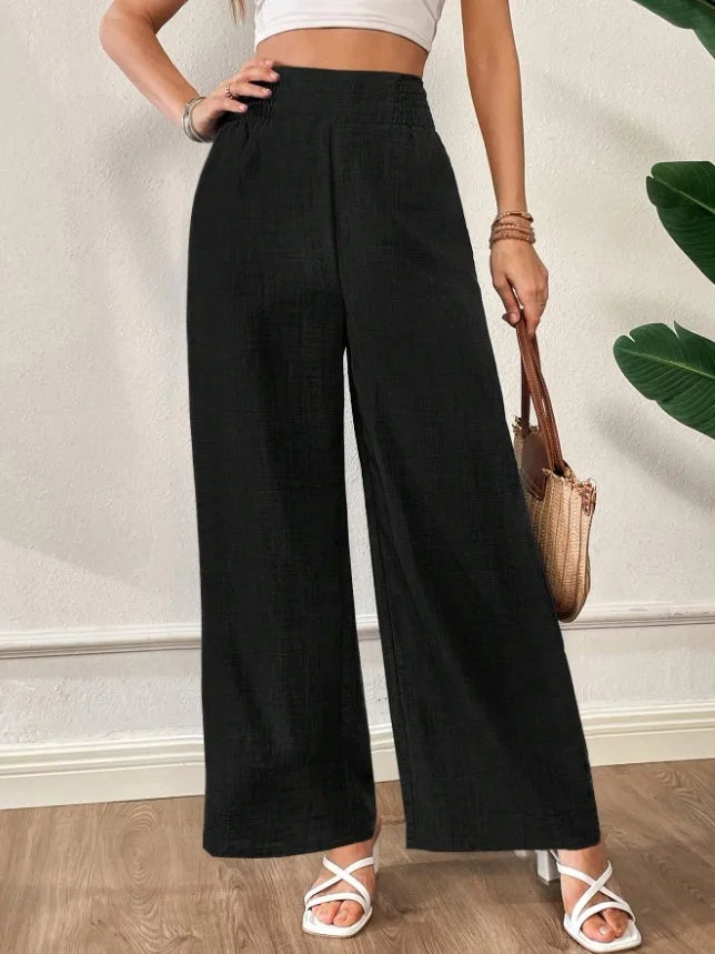 Womens Linen Blend High Waist Wide Leg Pants Smocked Waist