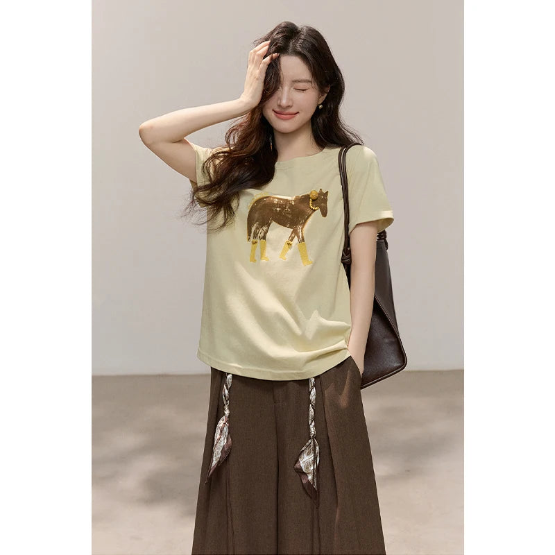 MISHOW Womens Horse Print Beaded Embroidery Cotton Crew Neck Tee