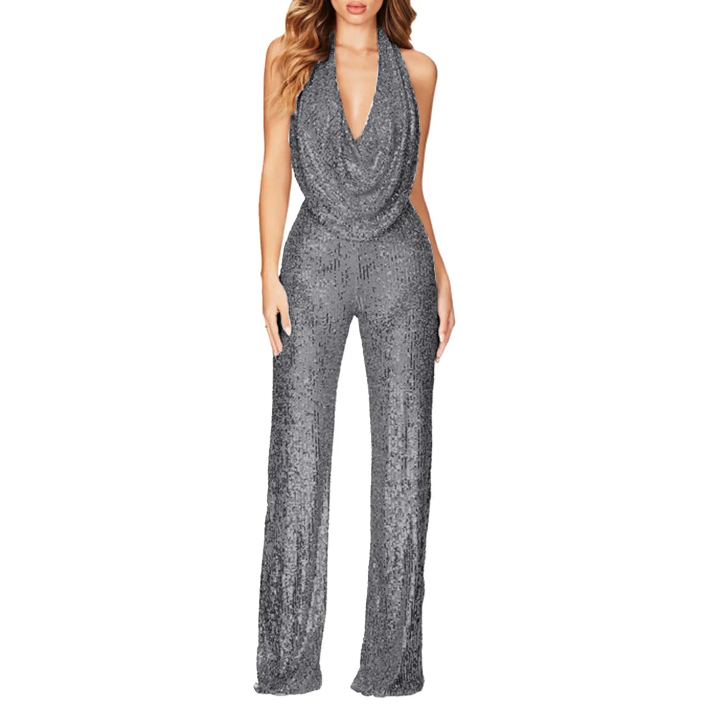 ZOMAXIUJEECN Elegant Women DeepVNeckline Halter WideLeg Crystal Sequined Party Jumpsuit