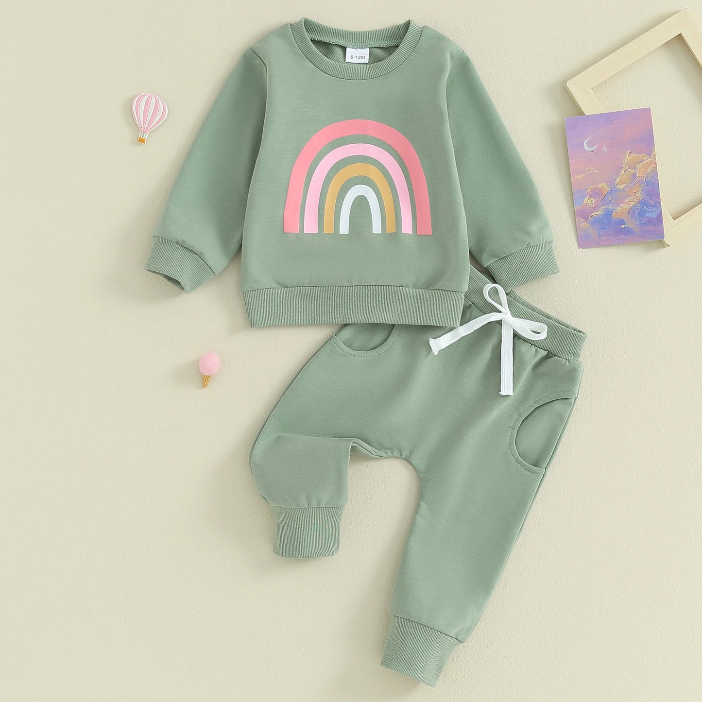 Citgeett Rainbow Print Toddler Unisex Sweatshirt and Pants Set