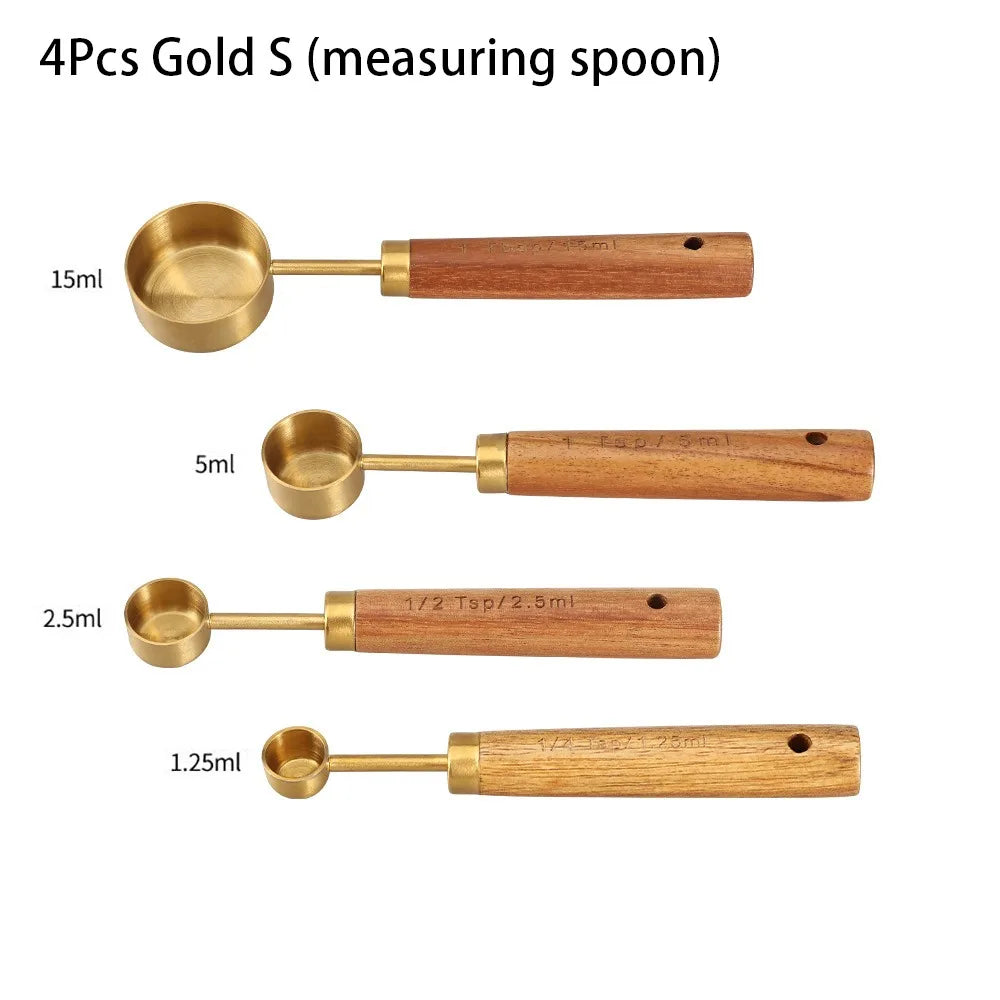 4Pcs Stainless Steel Measuring Cup Spoon Set With Wooden Handle