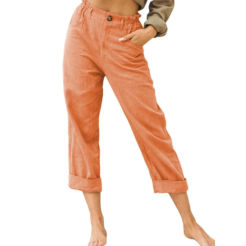 Guangdong Choice Cotton Linen Cropped Pants For Women, Casual Straight