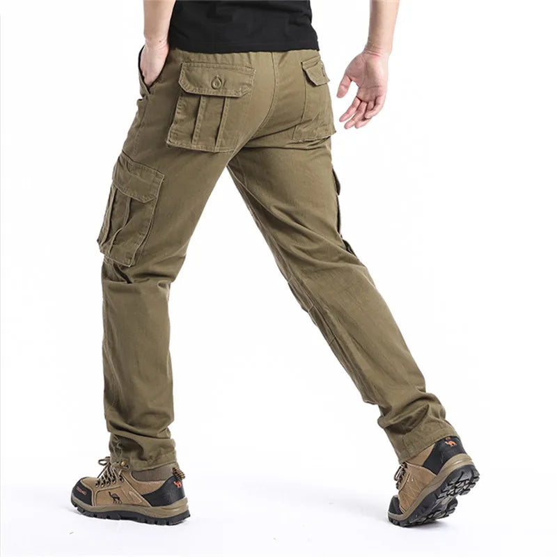 Men's Loose Tactical Overalls Pocket Jogging Pants Elastic Waist Cotton