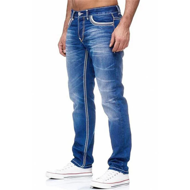 Men's Double Line Denim Jeans With Regular Fit Button Fly