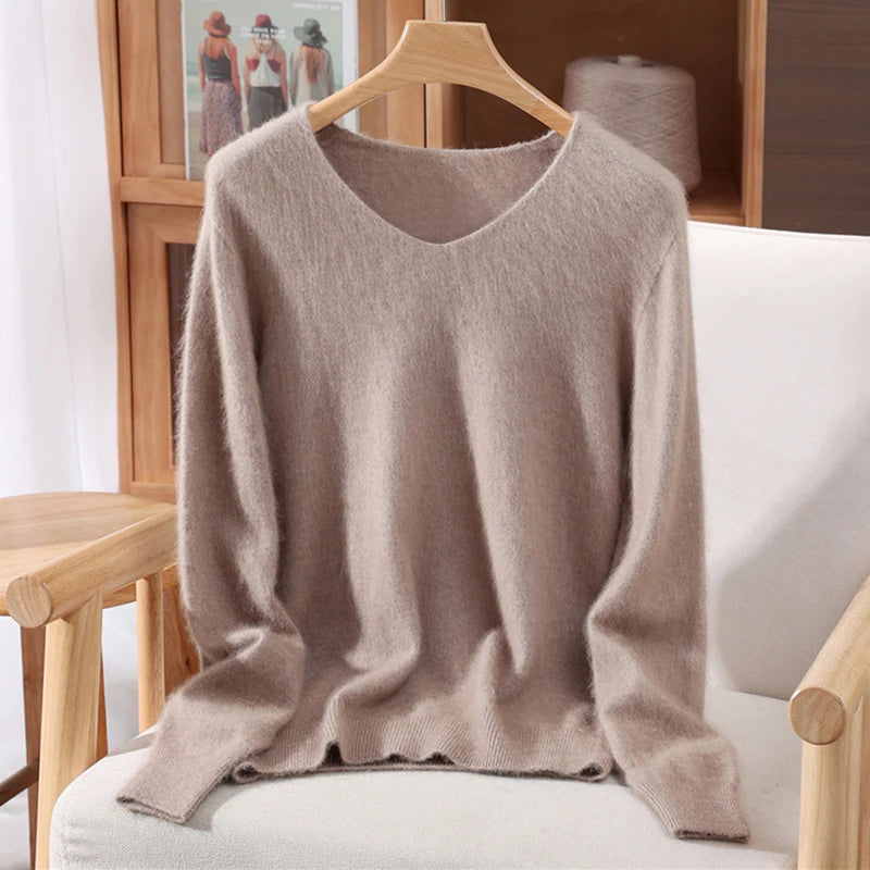 Mink Cashmere Women's V-Neck Knit Pullover Sweater