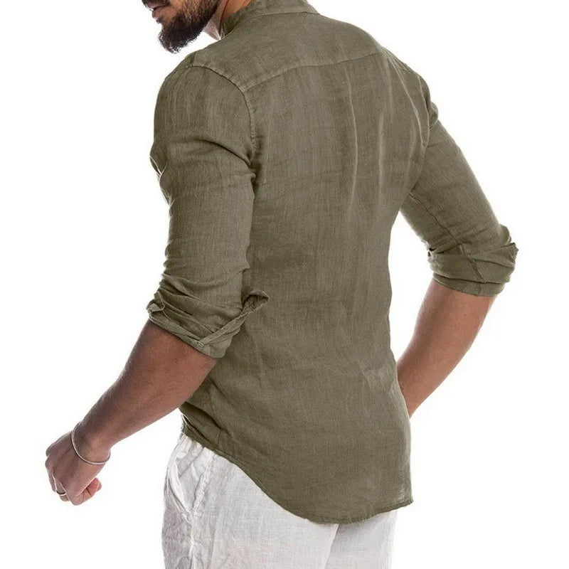 Men's Casual Long Sleeve Cotton Stand Collar Shirt