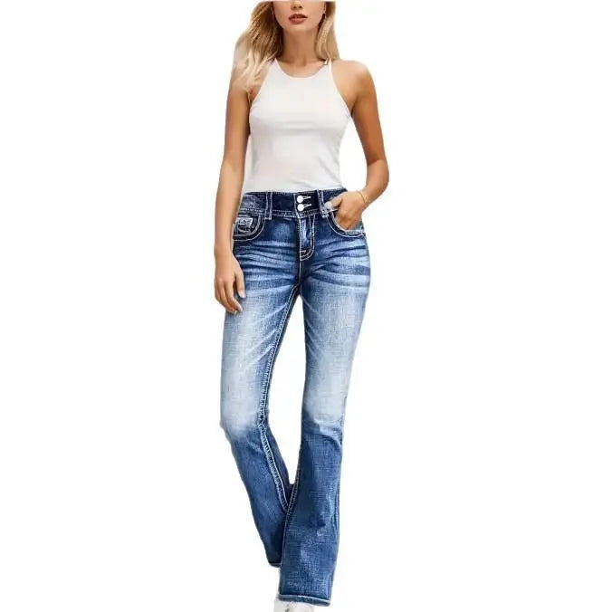 Women's High Waist Embroidered Flared Slimming Cotton Jeans