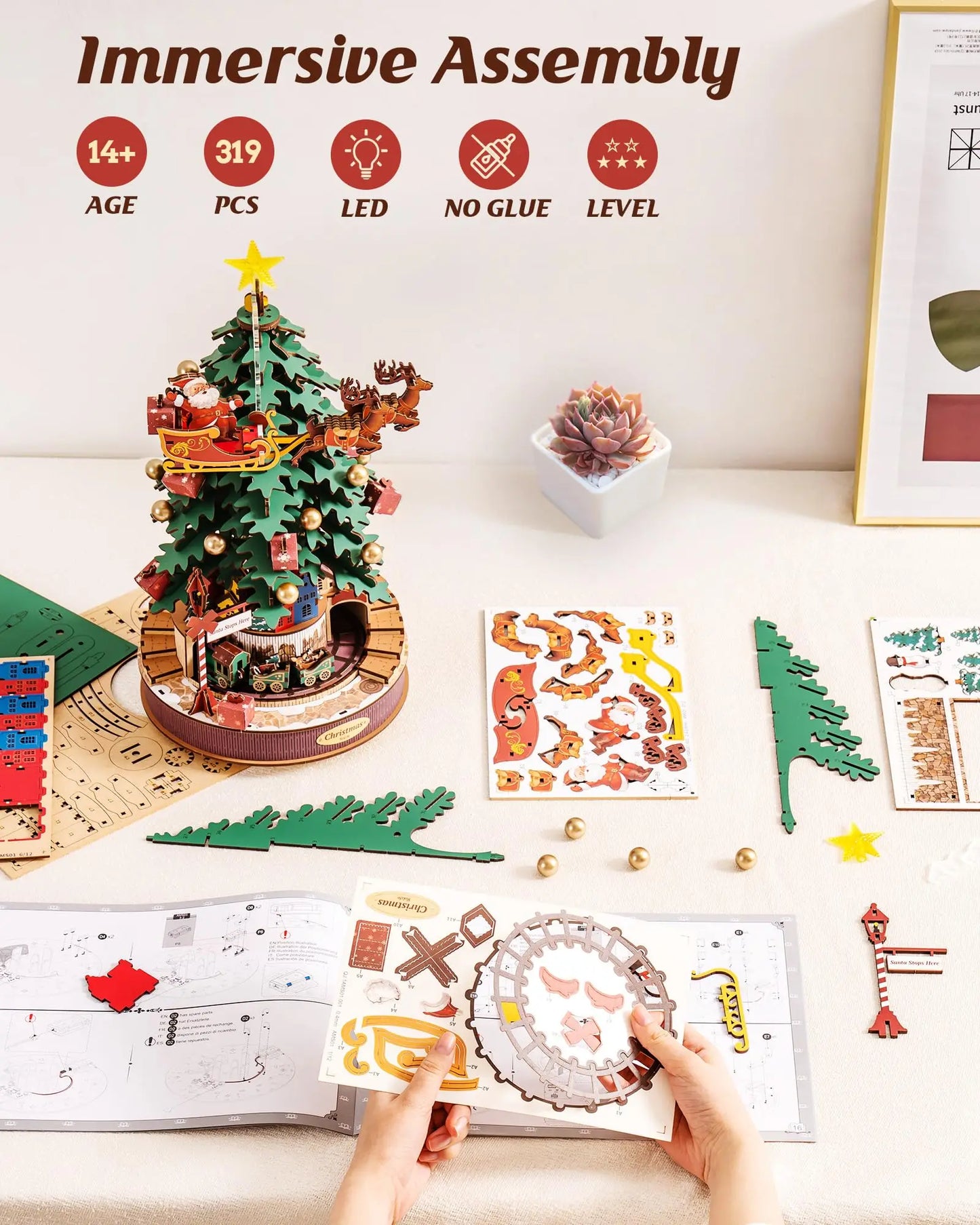 Robotime Rolife Christmas Melody Tree Music Boxes 3D Wooden Puzzle with Light Perfect Gifts for Family  Easy Assemble Toys