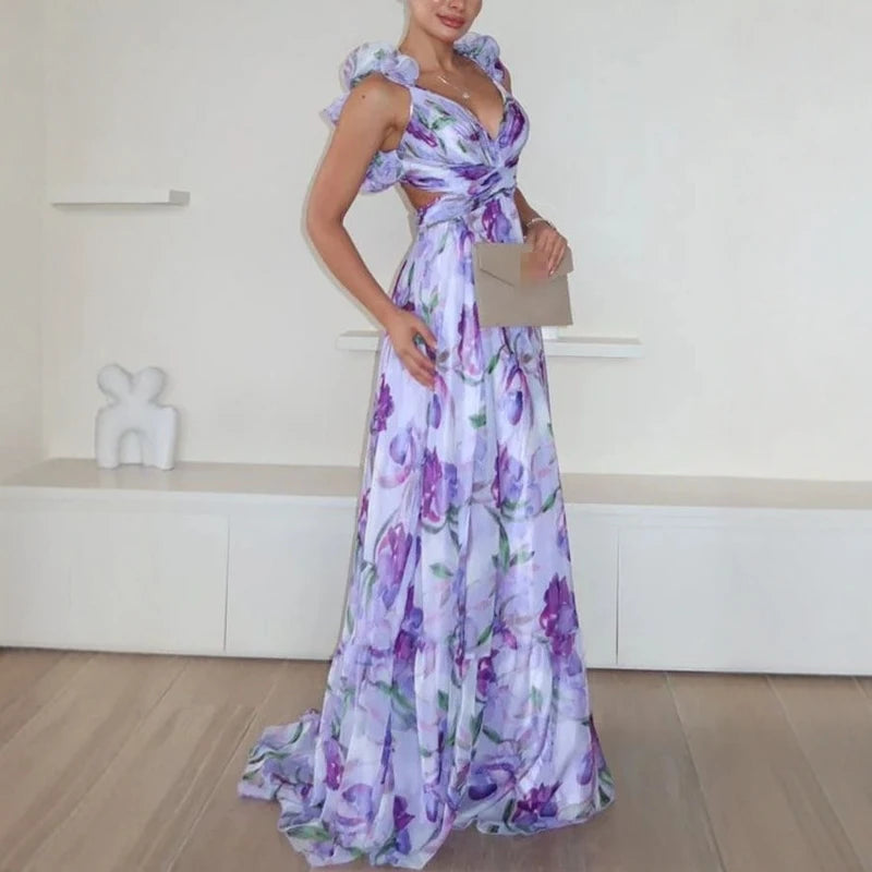Others Floral Print V Neck Sleeveless Maxi Dress Women Summer