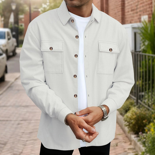 Mens Casual Waffle Texture Button Up Shirt Shacket Lapel Collar
