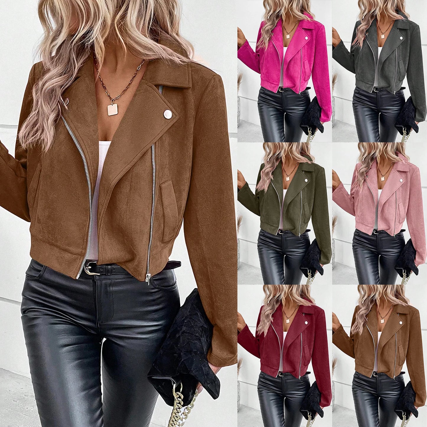 Mzccgoing Faux Suede Women Jacket Zipper Lapel Biker Jacket