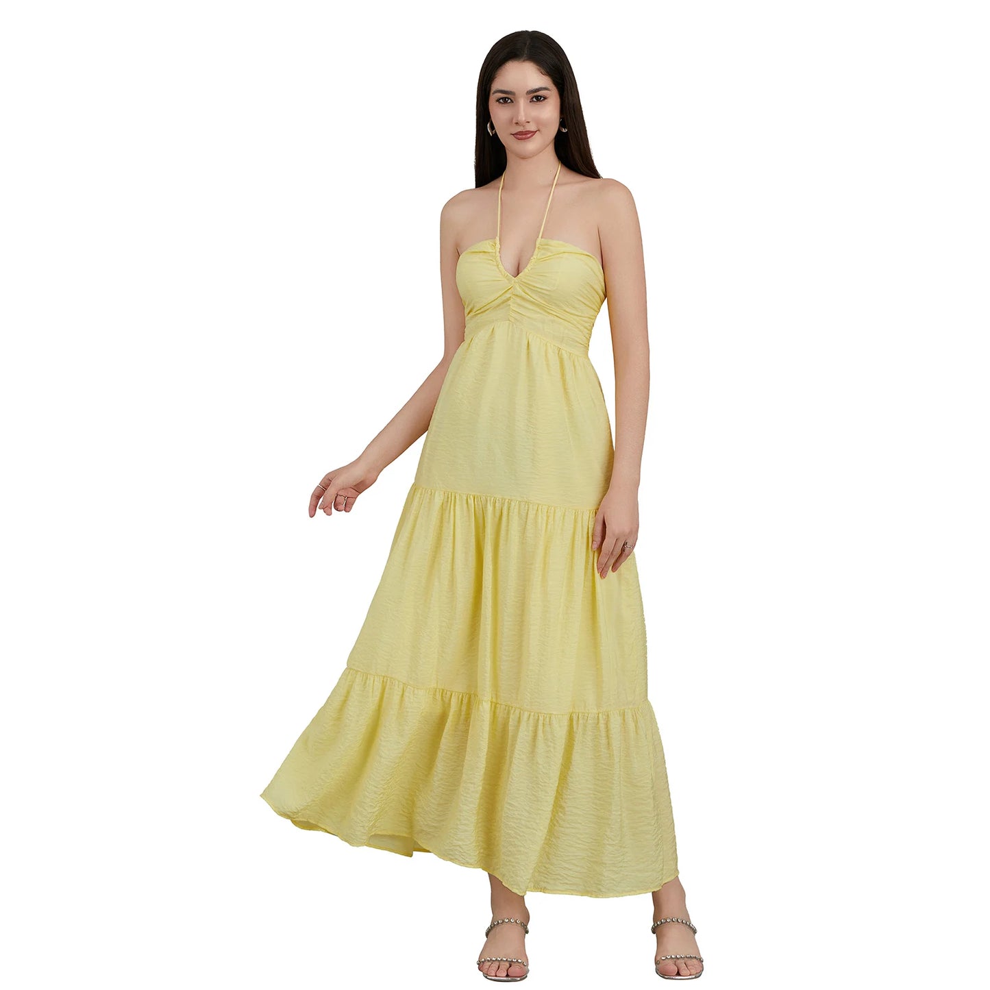 ThefoundCN Women A Line Halter Neck Backless Sleeveless Dress Tie Up Beach