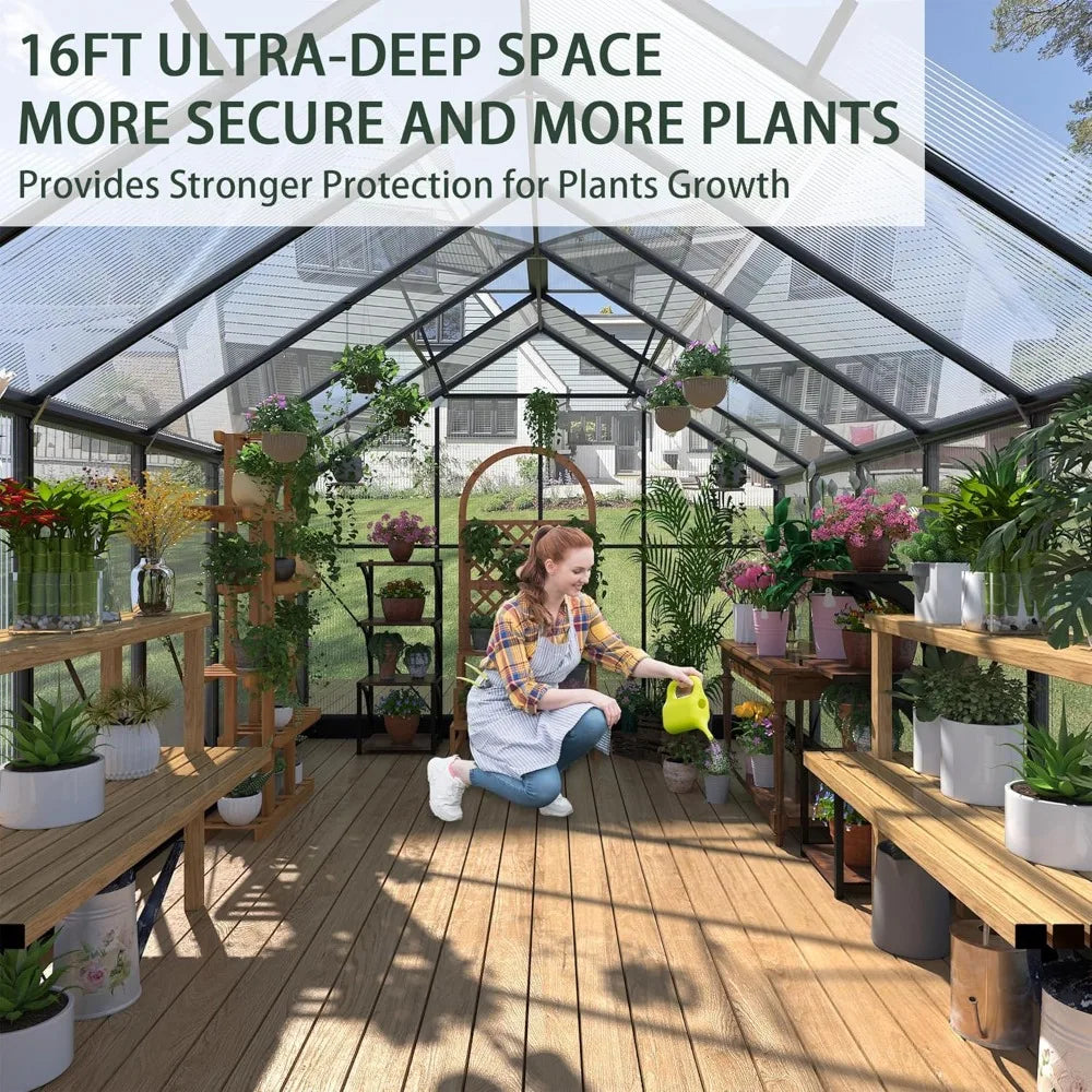 Polycarbonate Greenhouse With Four Adjustable Roof Vents And Walk In Aluminum Frame