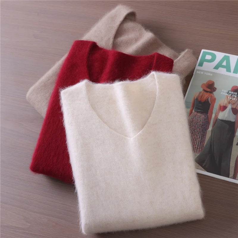 Mink Cashmere Women's V-Neck Knit Pullover Sweater