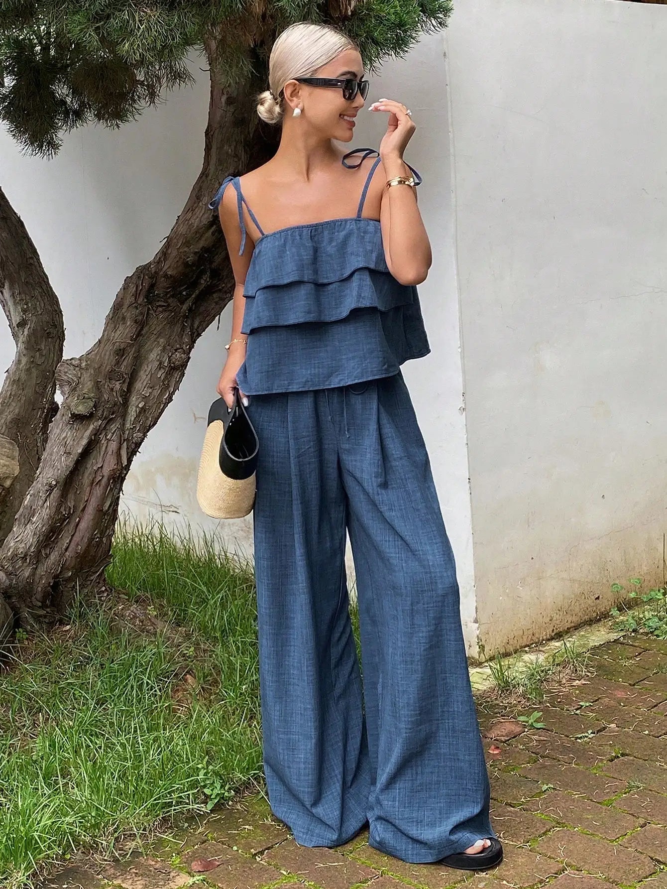 Ruffled Cami Top And Wide Leg Pants Set For Summer