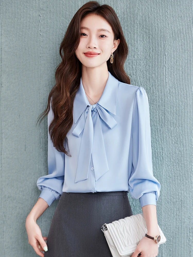 Others Blue Bow Tie Shirt Skirt Set For Professional Commuter And Interview