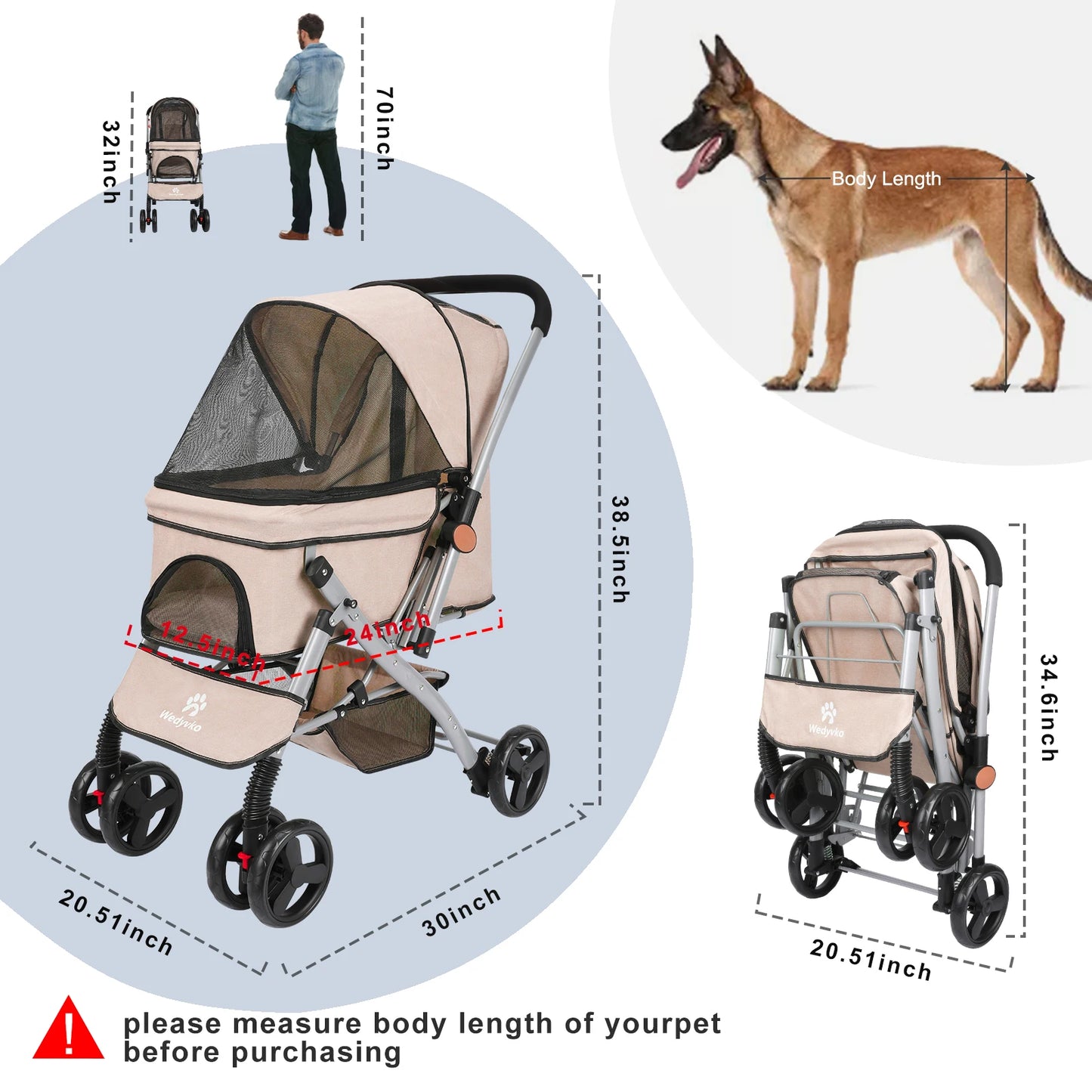 Wedyvko Foldable Cat Dog Stroller With Shock Absorption Travel Carrier