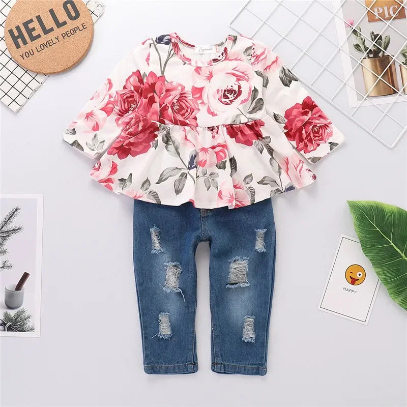Mioglrie Floral Print Two Piece Toddler Girl Set With Denim Pants